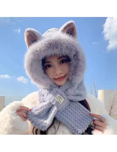 Bonnet Écharpe Kawaii Gris avec Oreilles de Chat