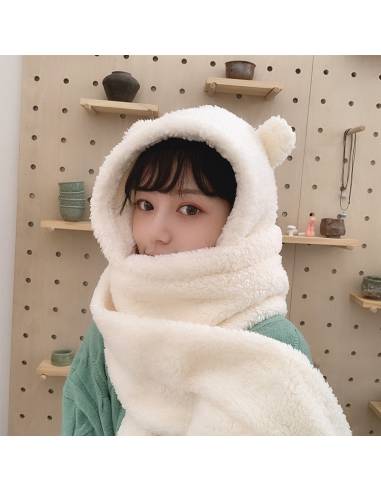 Bonnet Écharpe Kawaii Blanc avec Oreilles d'Ourson